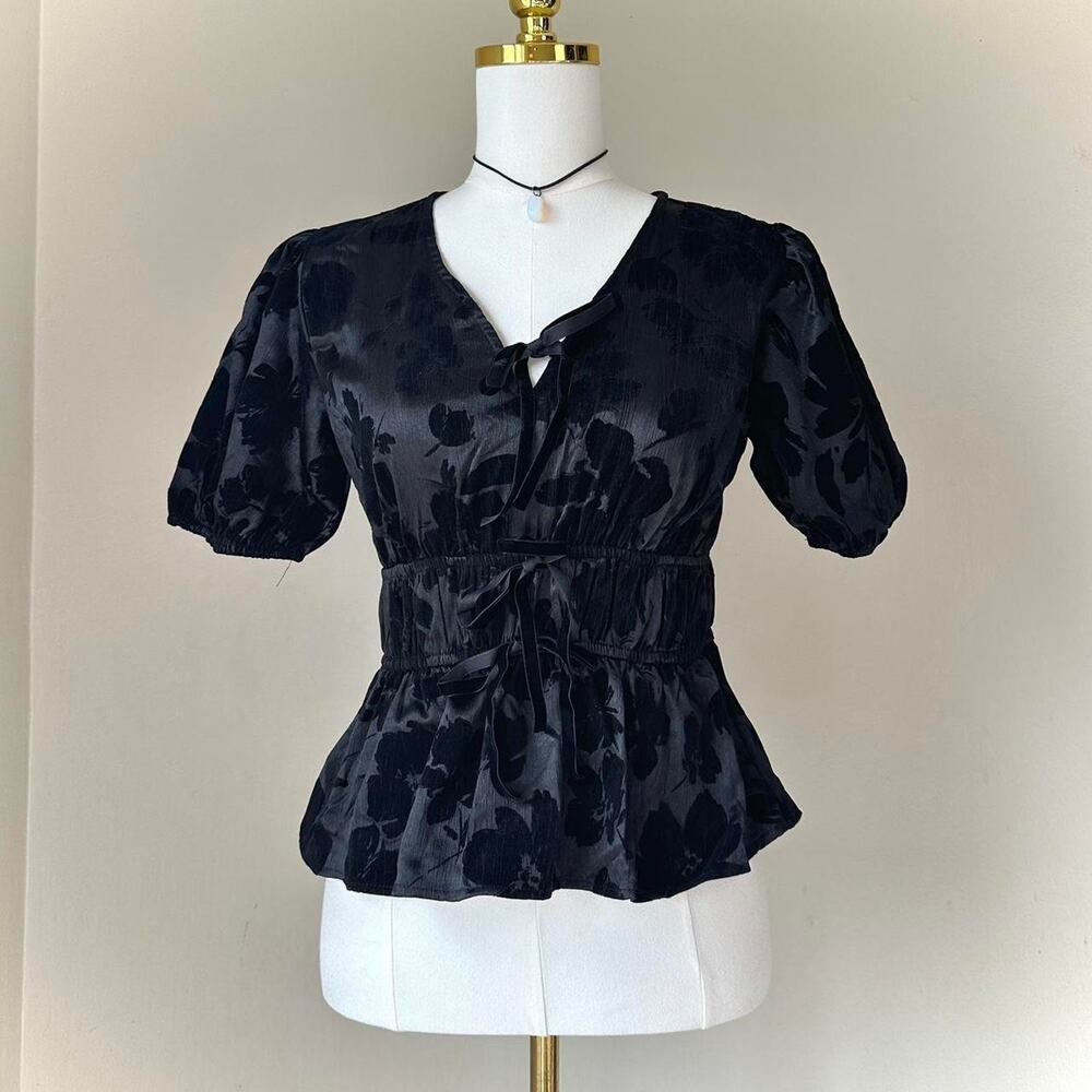 Fairy Grunge Whimsigoth Burnout Black Puff Sleeve Top - Size Small